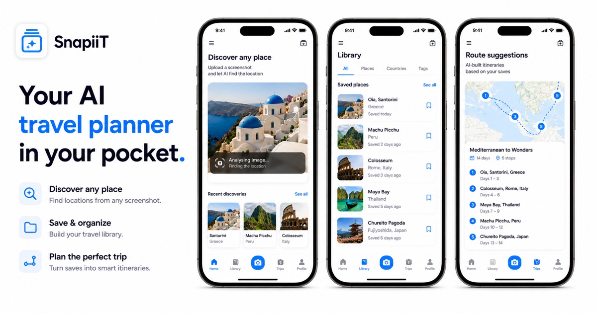 SnapiiT AI travel planner for iPhone showing discovery, library, and route planning screens
