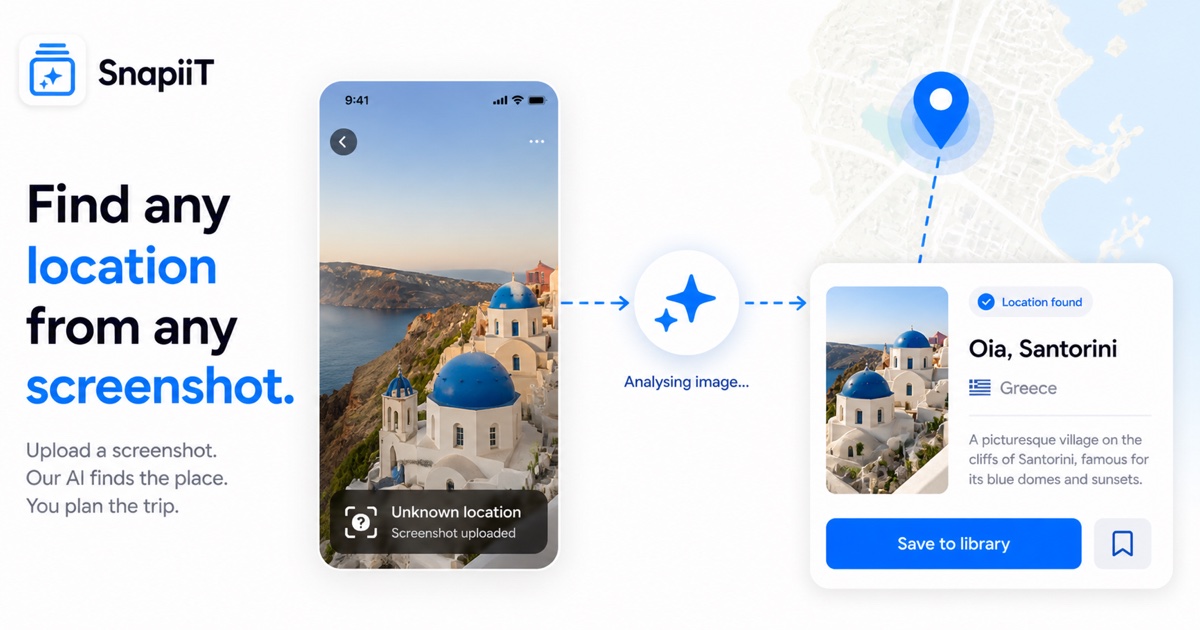 SnapiiT screenshot location finder showing a travel image becoming a destination card