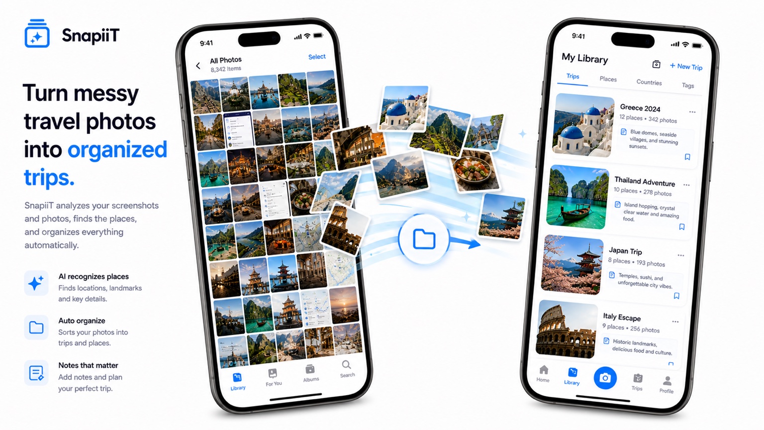 iPhone travel screenshots being organized into SnapiiT trip folders