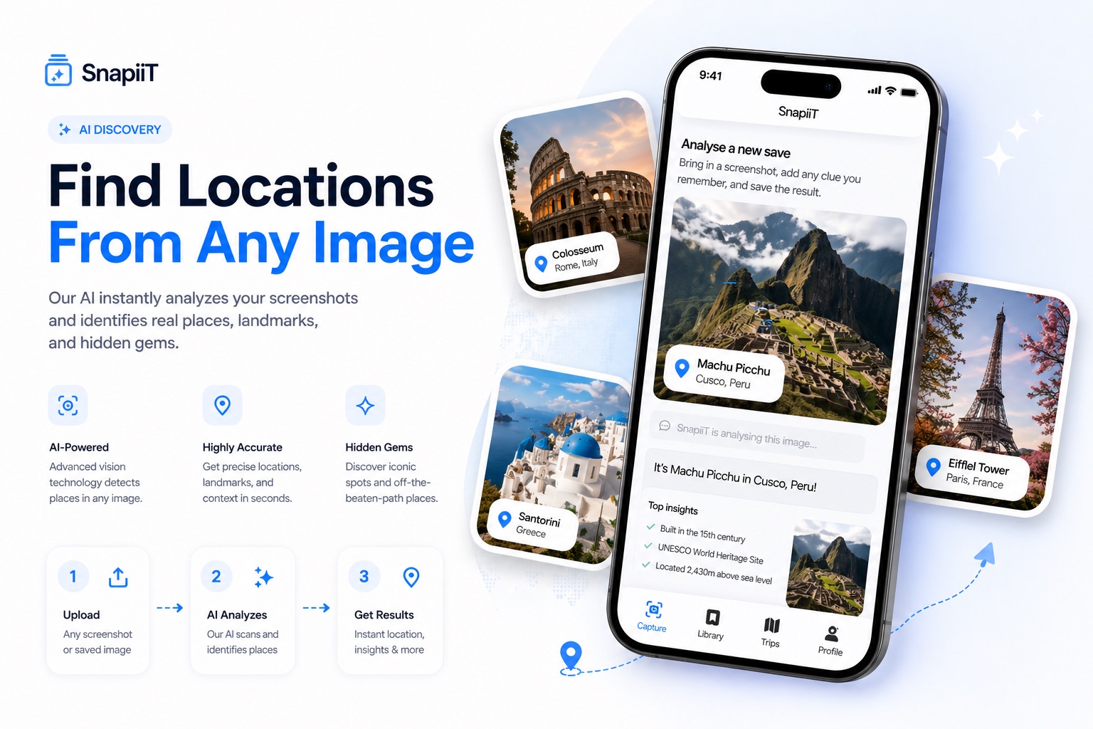 SnapiiT AI discovery visual with iPhone mockup and destination image cards