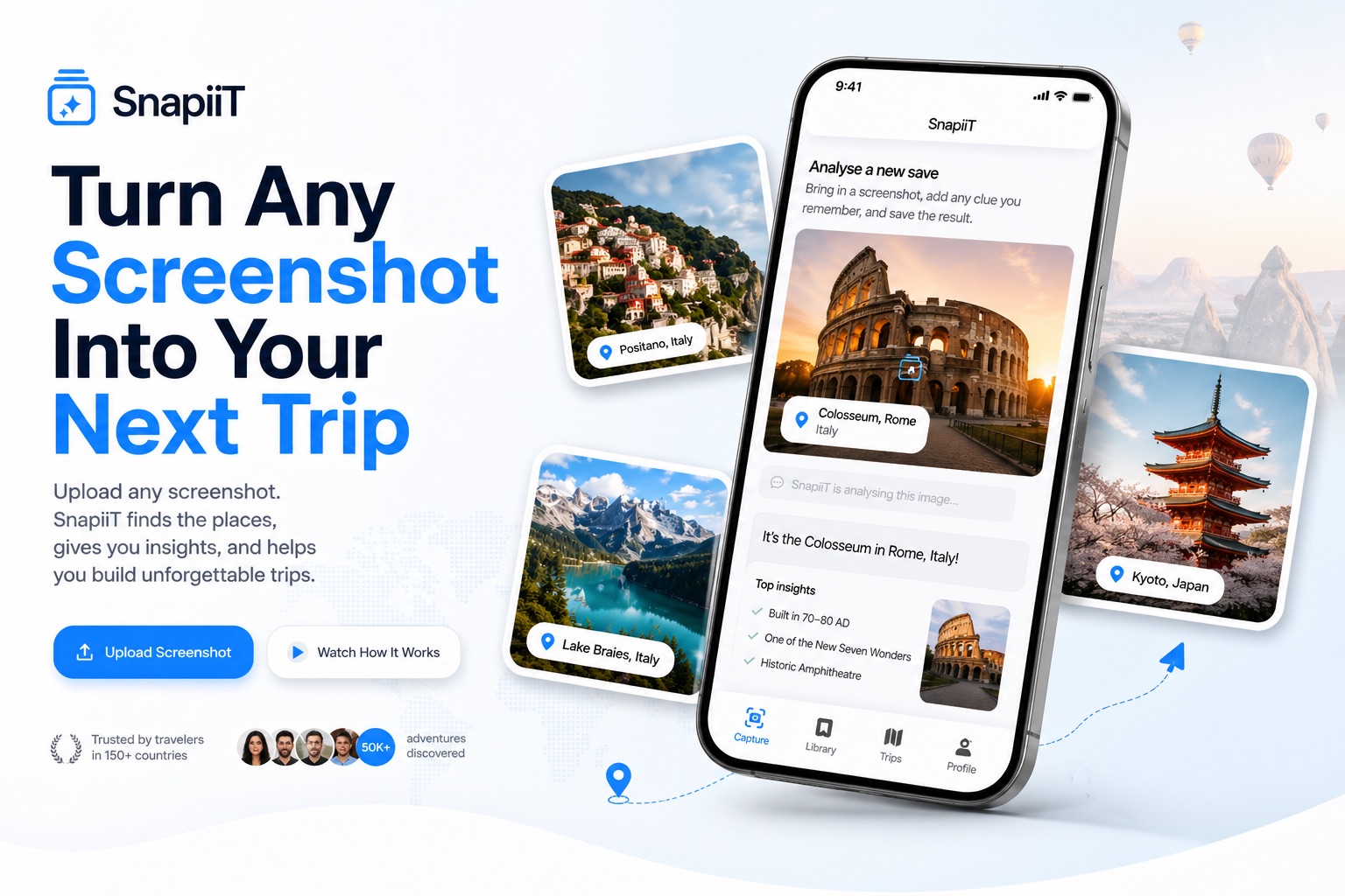 SnapiiT hero visual showing an iPhone, floating destination cards, and travel screenshot analysis