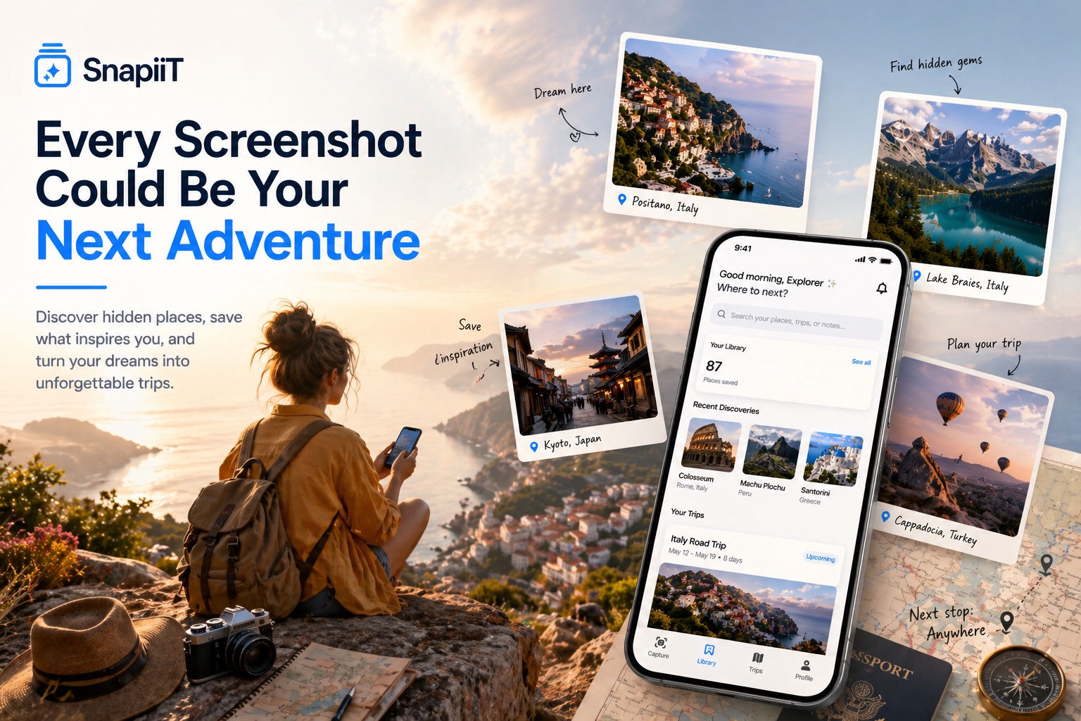 Aspirational SnapiiT lifestyle visual with traveler, phone mockup, and floating destination cards