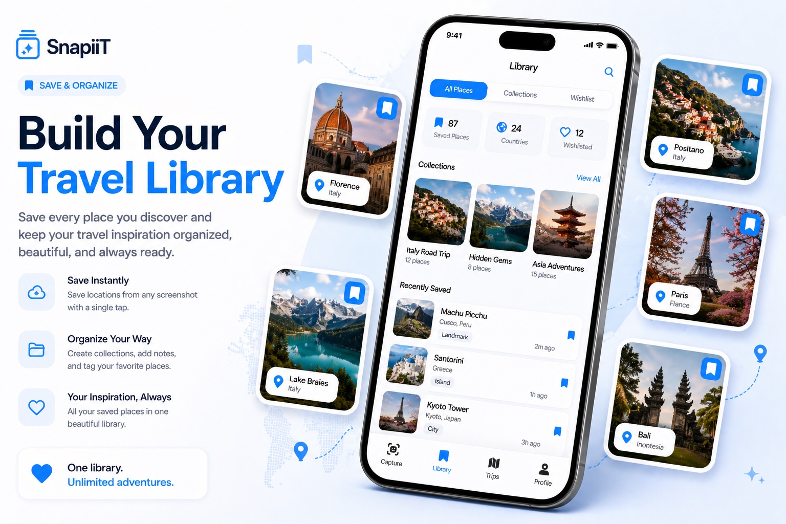 SnapiiT library visual with saved places, collections, and destination cards