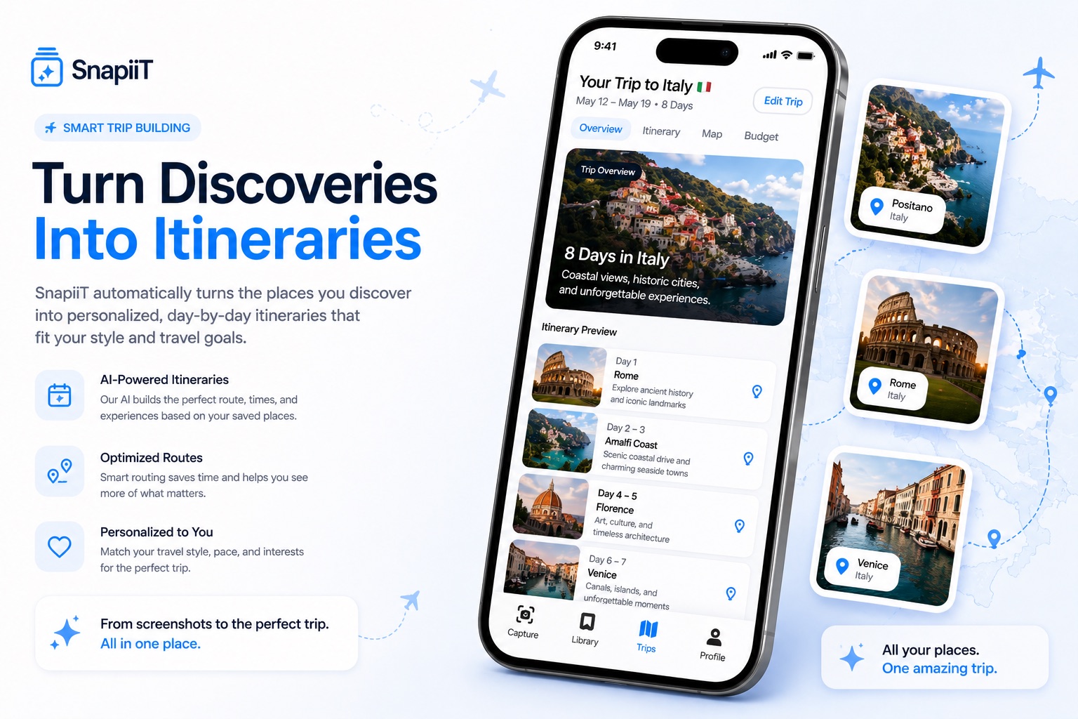 SnapiiT trip building visual showing an itinerary screen and saved destinations